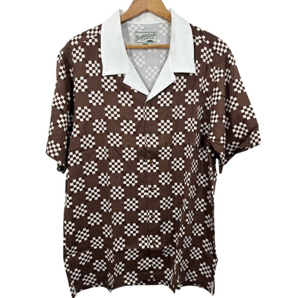 Bogey Boys Golf Shirt Casual Lightweight Brown Big Check Button Up Short Sleeve‎